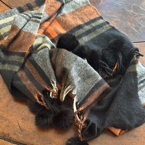 Plaid Wool Scarf with Pom Poms